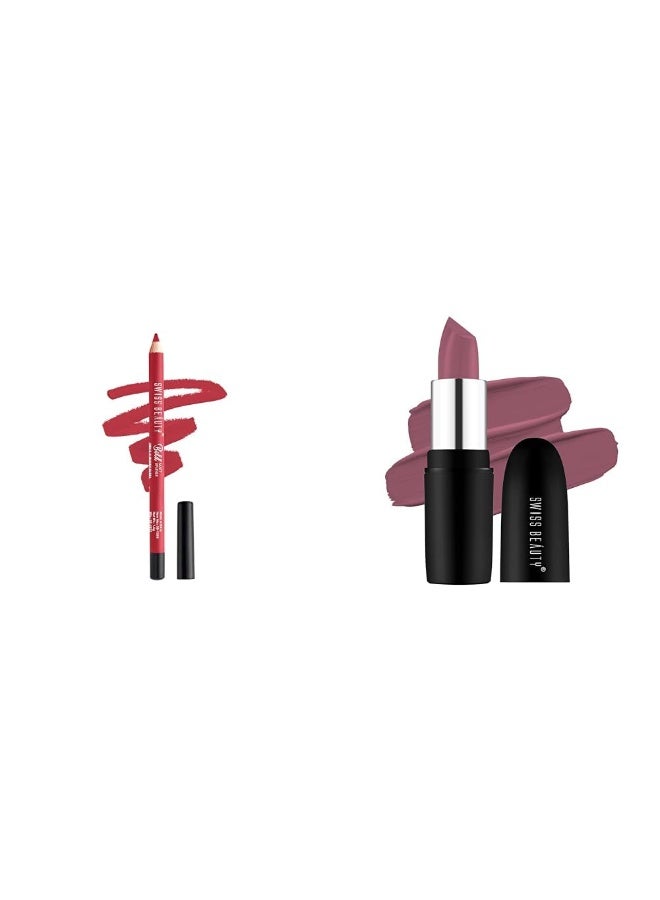 SWISS BEAUTY Bold Matt Lip Liner | Long-lasting |Matte Finish | Non-drying | Shade-04, 5gm & Swiss Beauty Pure Matte Creamy Lipstick | Non-drying, Highly pigmented Lipstick | Shade- Hot Nude, 3.8gm| - Image 1